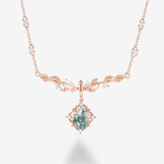 Nature Inspired Pear Cut Leafy Moss Agate Necklace