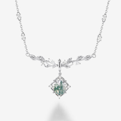 Nature Inspired Pear Cut Leafy Moss Agate Necklace