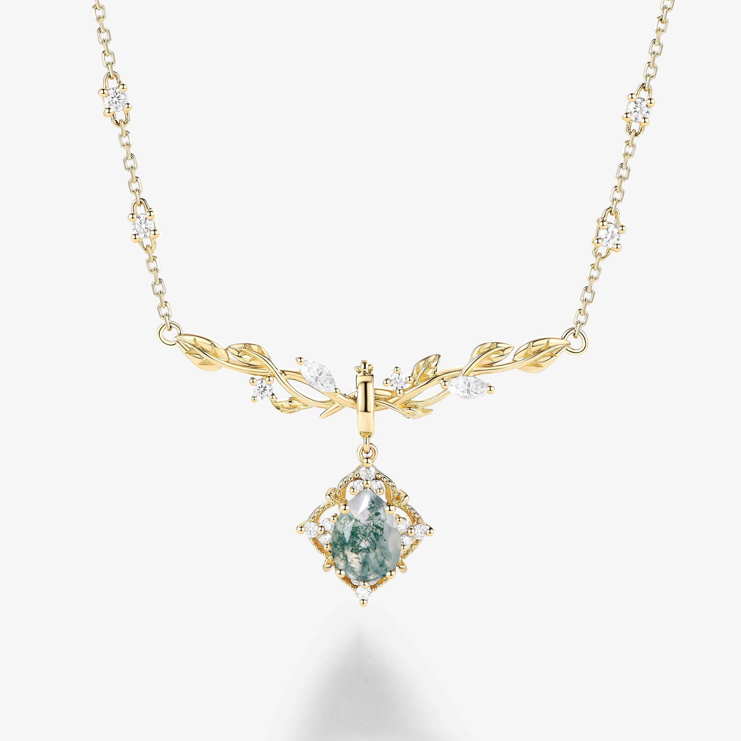 Nature Inspired Pear Cut Leafy Moss Agate Necklace