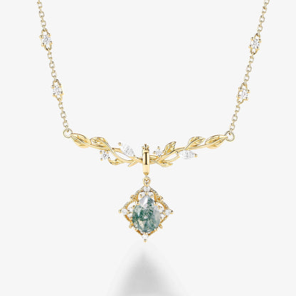 Nature Inspired Pear Cut Leafy Moss Agate Necklace