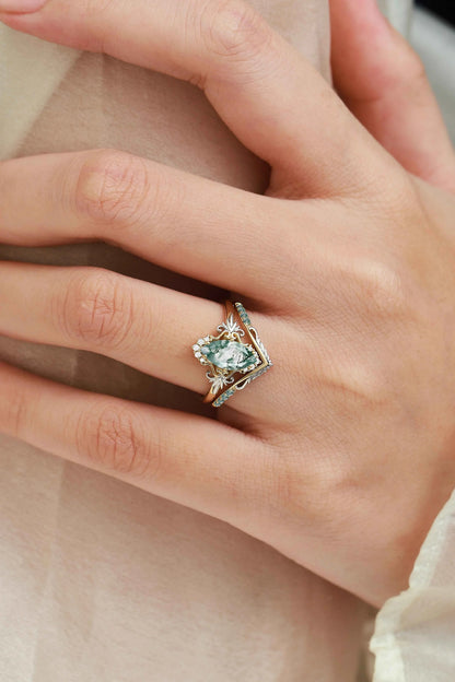 Leaf-Inspired Two-Tone  Marquise Cur Moss Agate Engagement Ring Set 2pcs