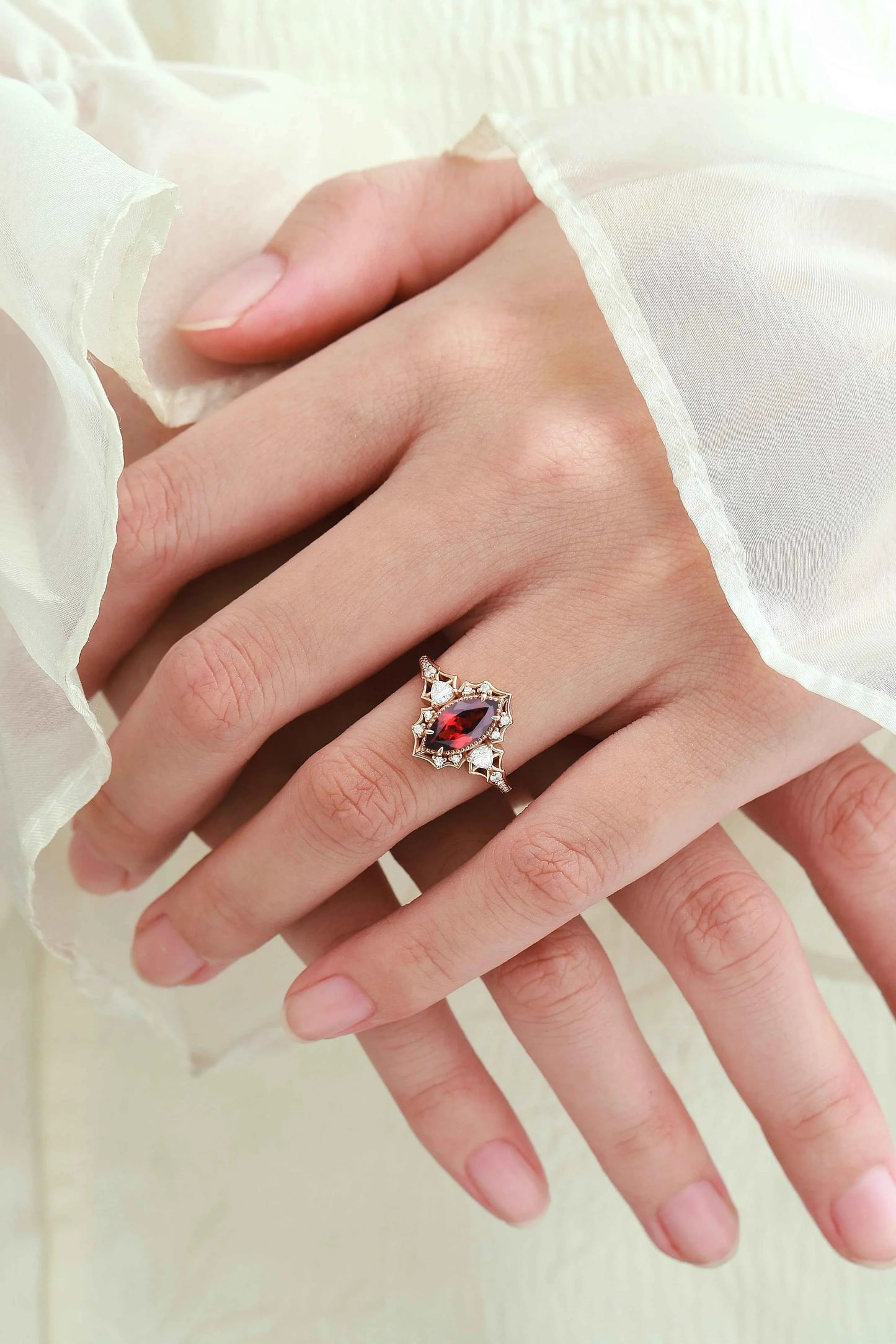 Vintage Halo Bat & Animal Inspired Marquise Cut Ruby Engagement Ring