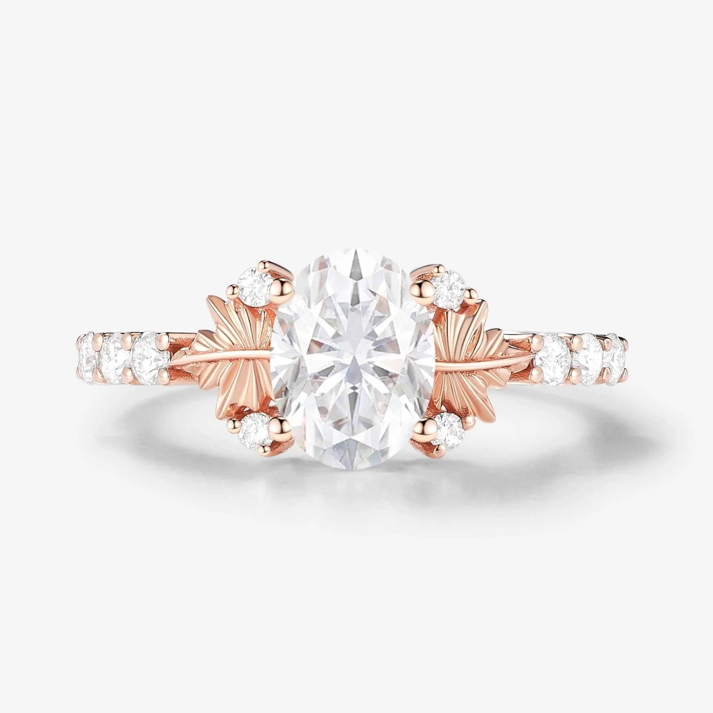 Maple Leaf Design Oval-Cut Moissanite Pavé Engagement Ring