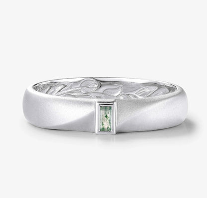 Nature-Inspired Moss Agate Men’s Wedding Band with Inner Tulip Carving