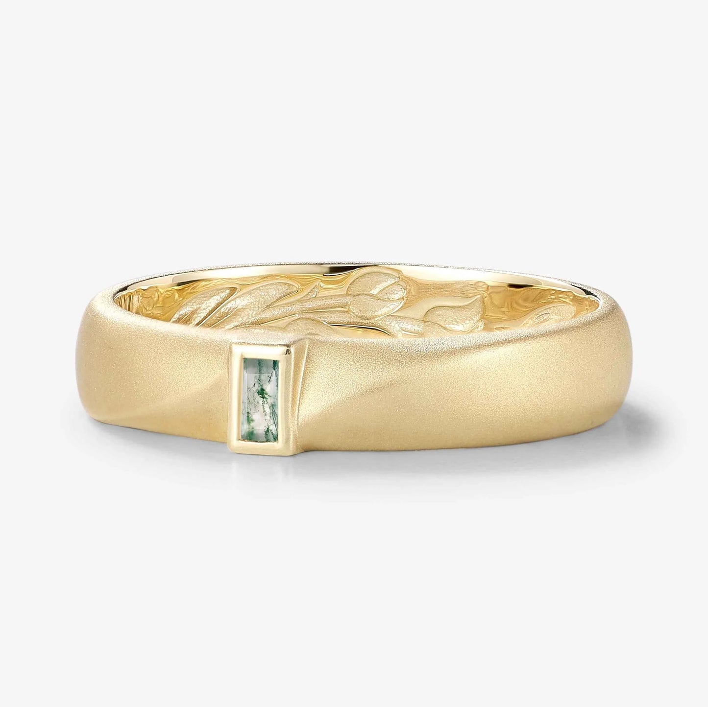 Nature-Inspired Moss Agate Men’s Wedding Band with Inner Tulip Carving