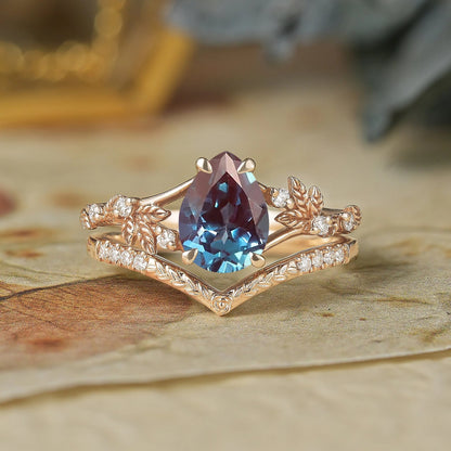 Alexandrite Engagement Ring Set 2pcs-Cressida