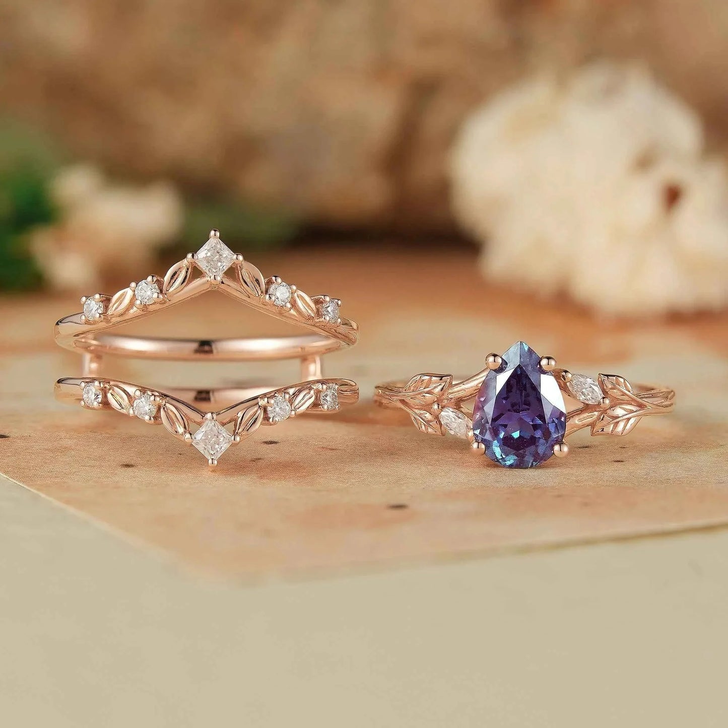 Alexandrite & Moissanite Enhancer Ring Set 2pcs - Selene