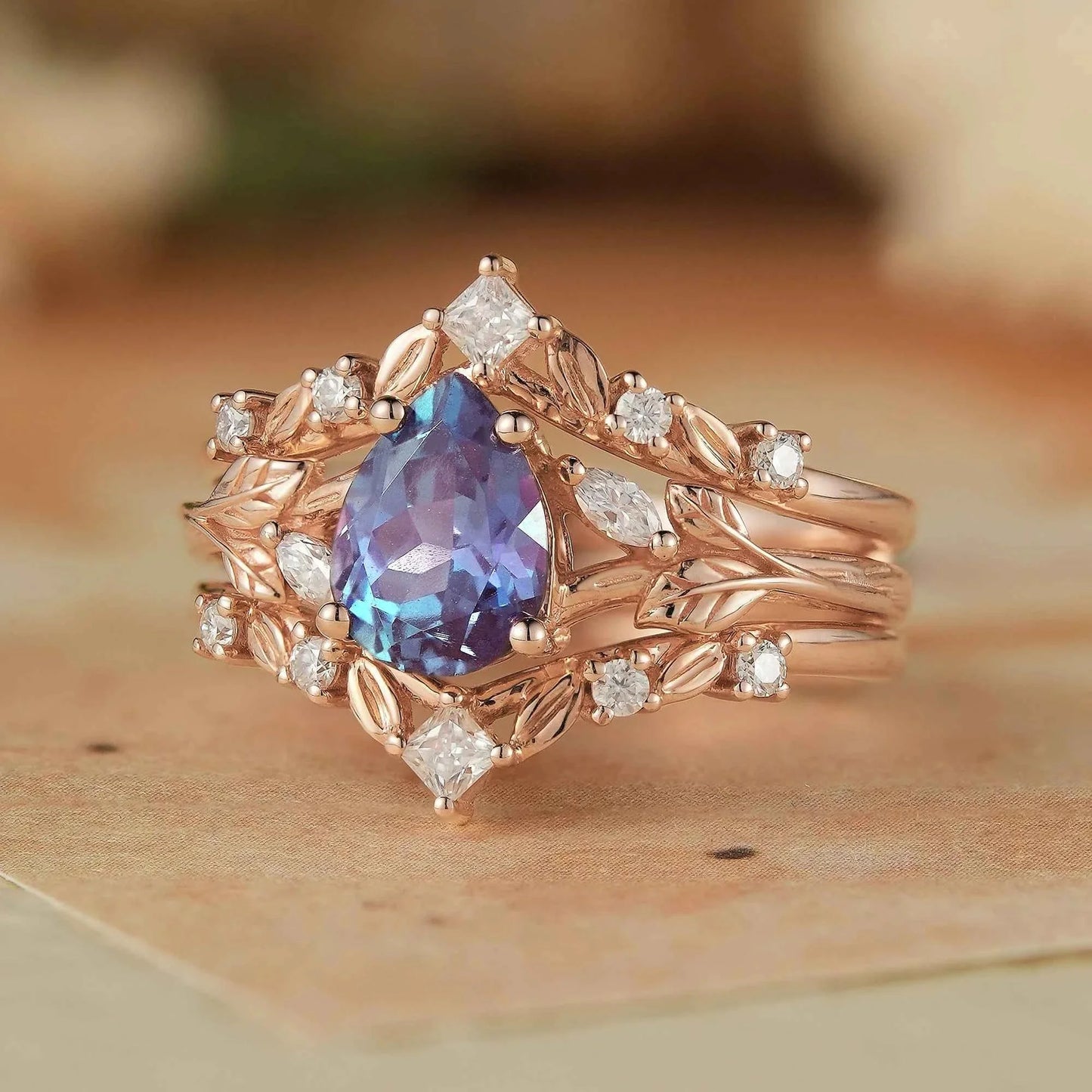 Alexandrite & Moissanite Enhancer Ring Set 2pcs - Selene