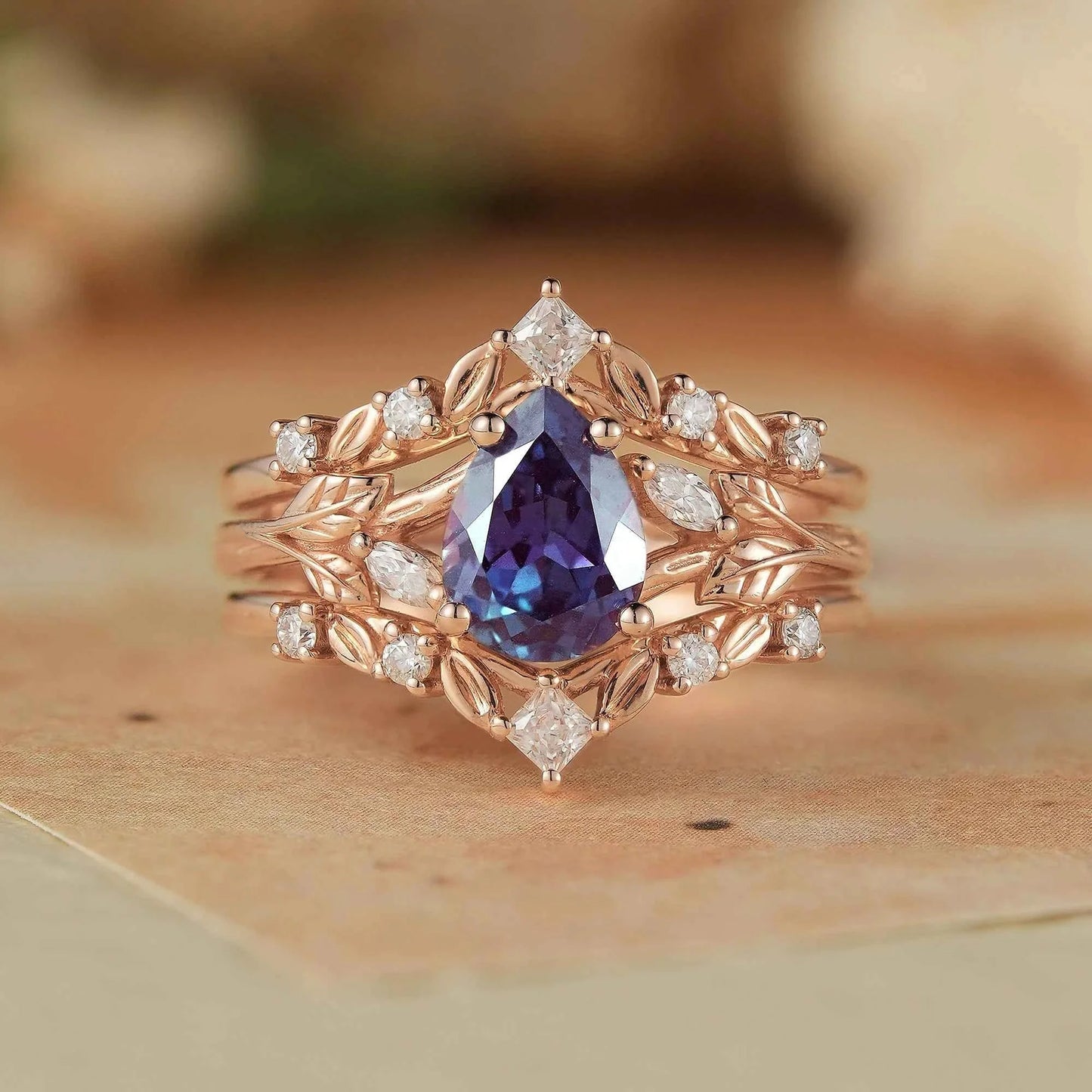 Alexandrite & Moissanite Enhancer Ring Set 2pcs - Selene