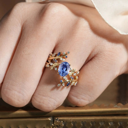 Aphrodite's Cornflower Sapphire Cross Leaf Ehancer Ring Set - Keirac