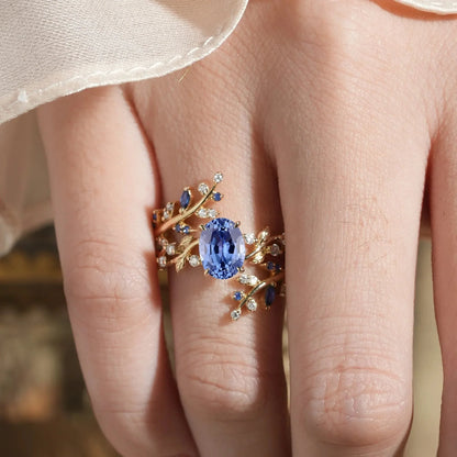 Aphrodite's Cornflower Sapphire Cross Leaf Ehancer Ring Set - Keirac