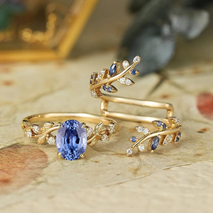 Aphrodite's Cornflower Sapphire Cross Leaf Ehancer Ring Set - Keirac