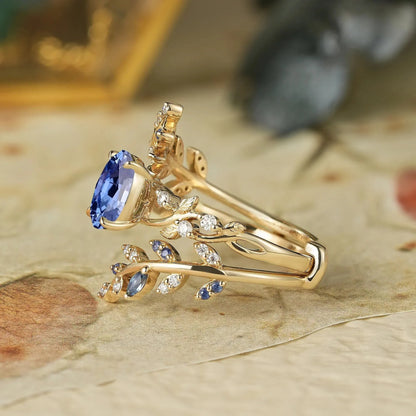 Aphrodite's Cornflower Sapphire Cross Leaf Ehancer Ring Set - Keirac