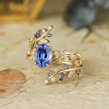 Aphrodite's Cornflower Sapphire Cross Leaf Ehancer Ring Set - Keirac