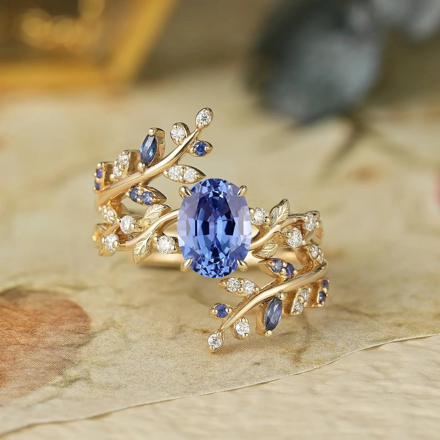 Aphrodite's Cornflower Sapphire Cross Leaf Ehancer Ring Set - Keirac