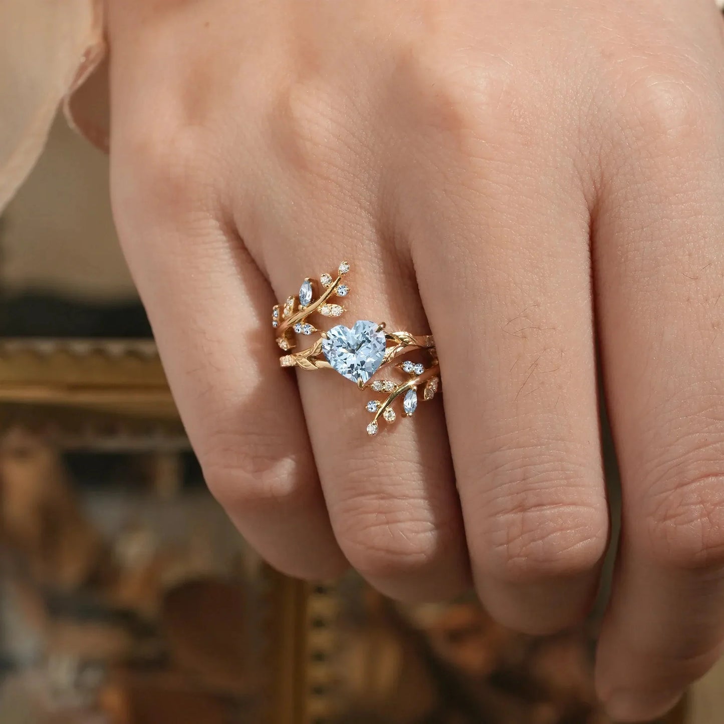 Aphrodite's Enchanted Vine | A Mythical Heart Shaped Aquamarine Engagement Ring Set