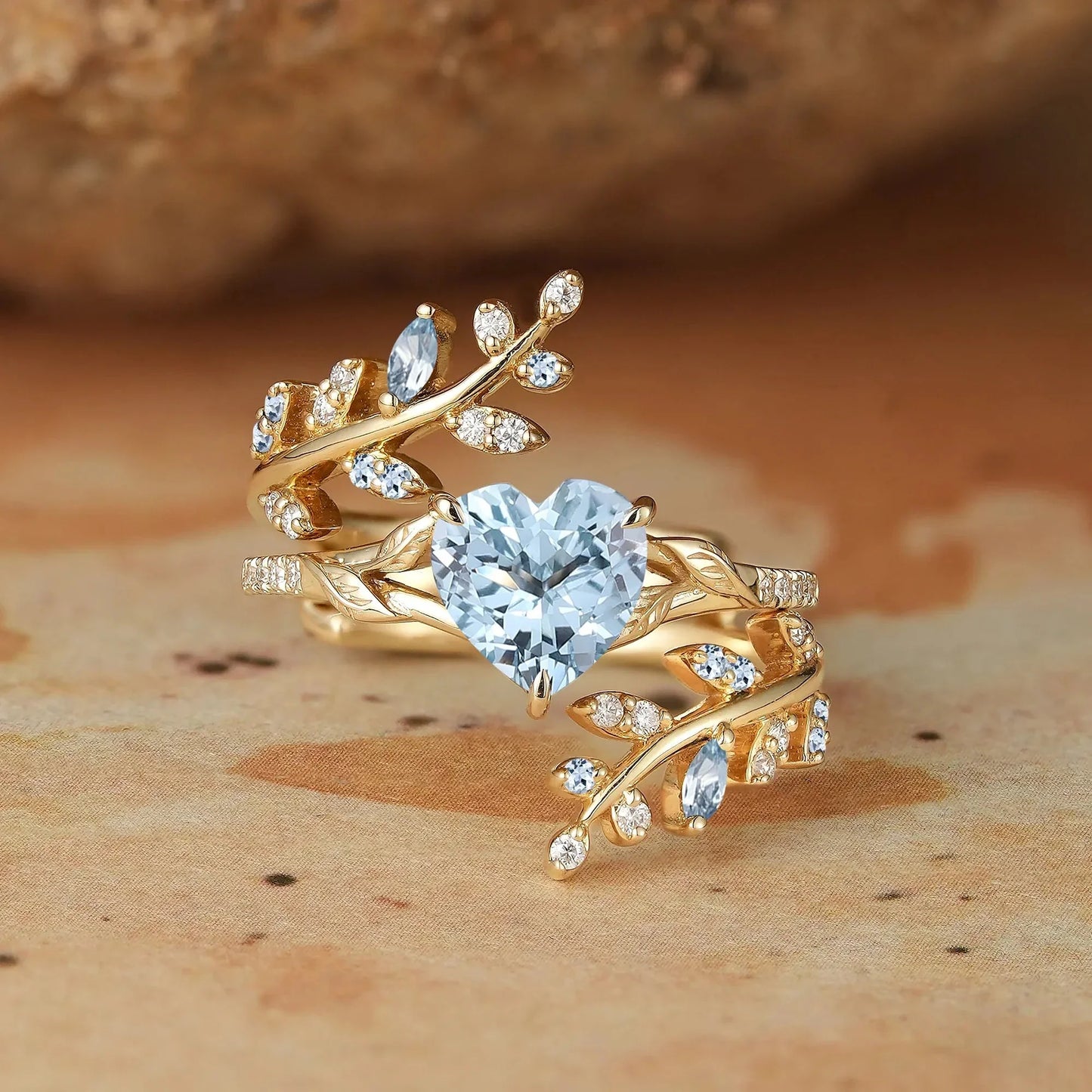 Aphrodite's Enchanted Vine | A Mythical Heart Shaped Aquamarine Engagement Ring Set