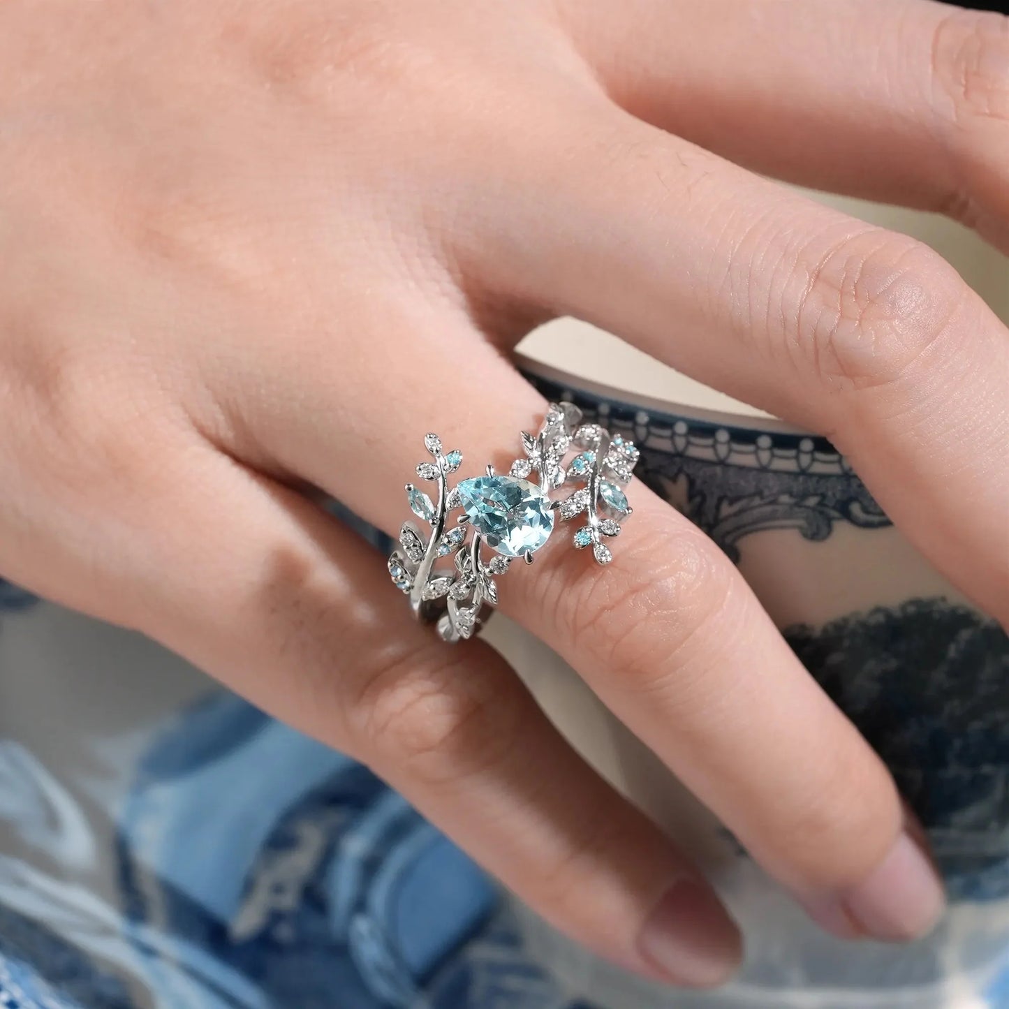 Aphrodite's Enchanted Vine| Blue Topaz Cross Leaf Ehancer Ring Set - Leah