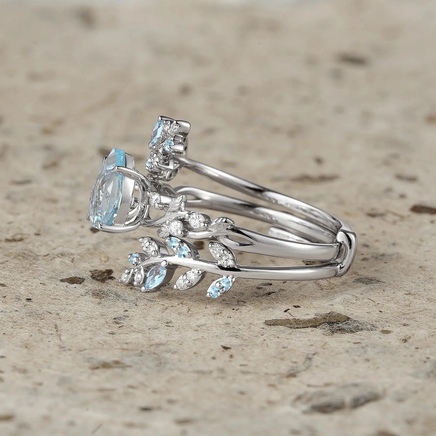 Aphrodite's Enchanted Vine| Blue Topaz Cross Leaf Ehancer Ring Set - Leah