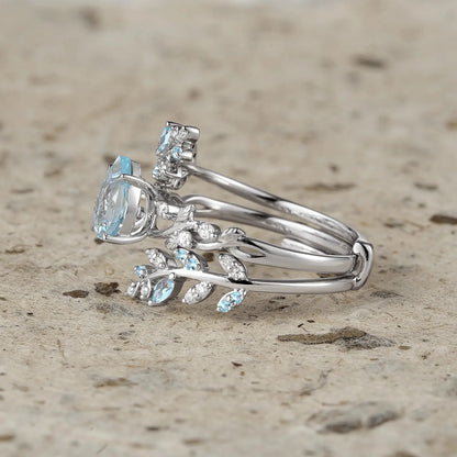 Aphrodite's Enchanted Vine| Blue Topaz Cross Leaf Ehancer Ring Set - Leah