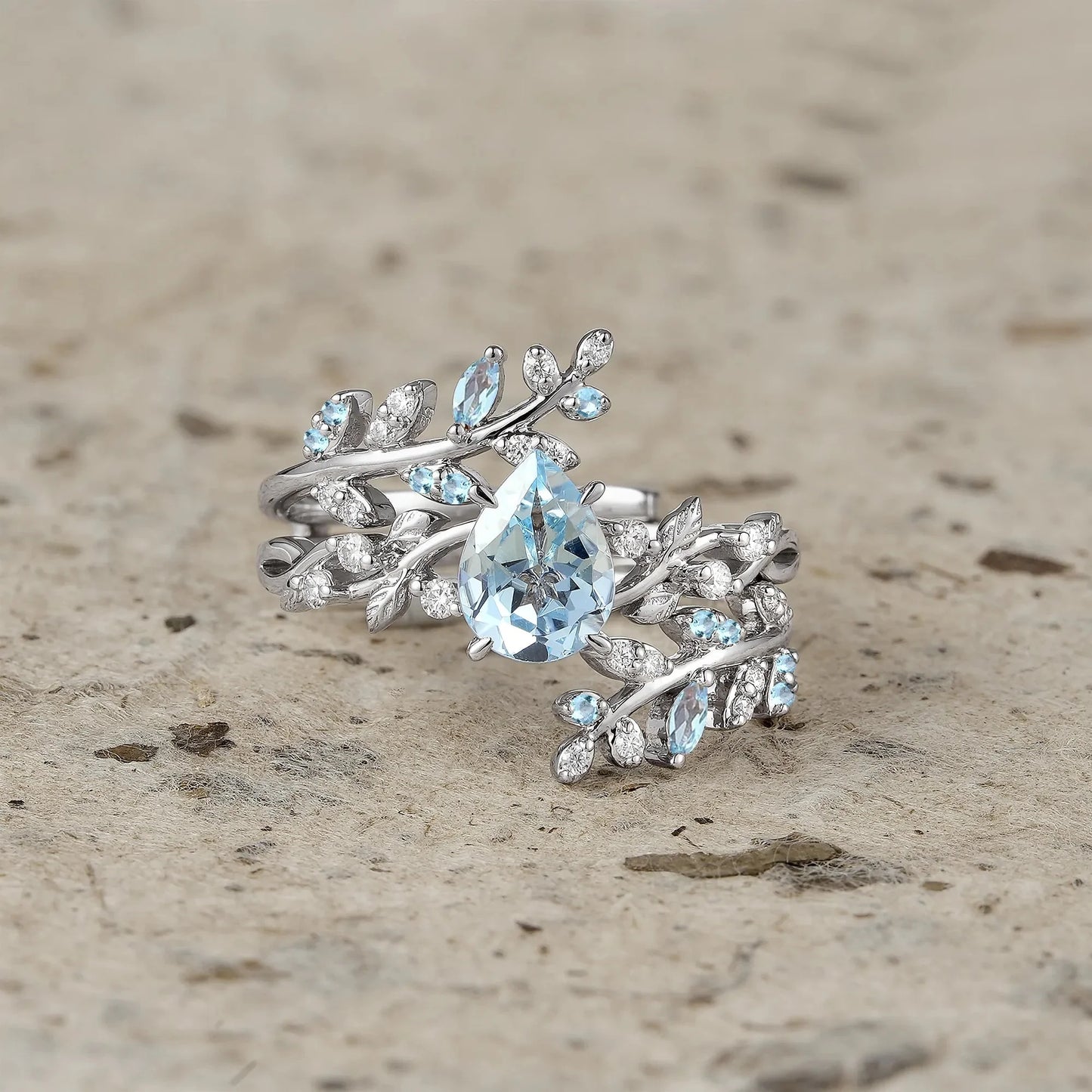 Aphrodite's Enchanted Vine| Blue Topaz Cross Leaf Ehancer Ring Set - Leah