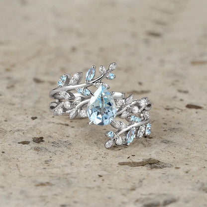 Aphrodite's Enchanted Vine| Blue Topaz Cross Leaf Ehancer Ring Set - Leah