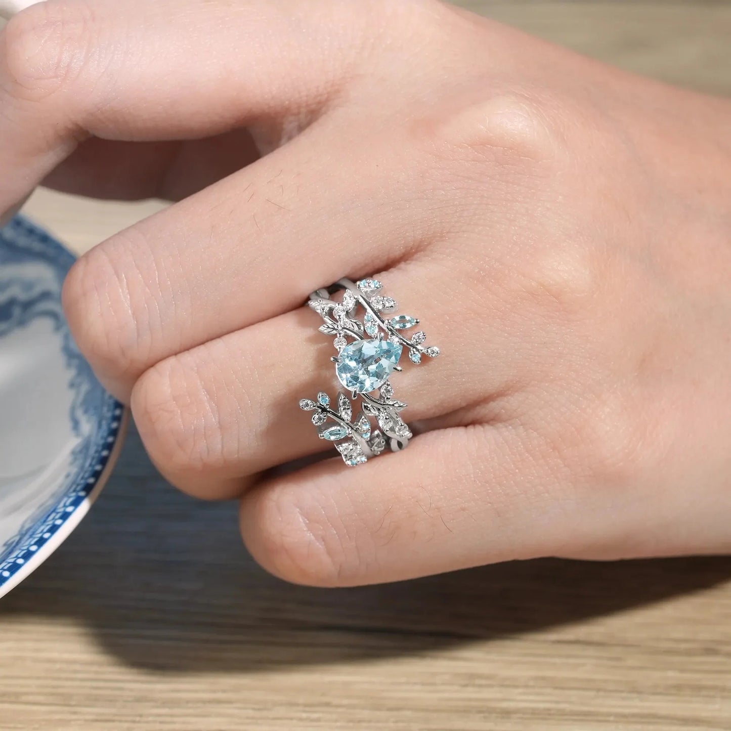 Aphrodite's Enchanted Vine| Blue Topaz Cross Leaf Ehancer Ring Set - Leah