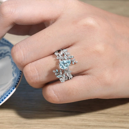 Aphrodite's Enchanted Vine| Blue Topaz Cross Leaf Ehancer Ring Set - Leah
