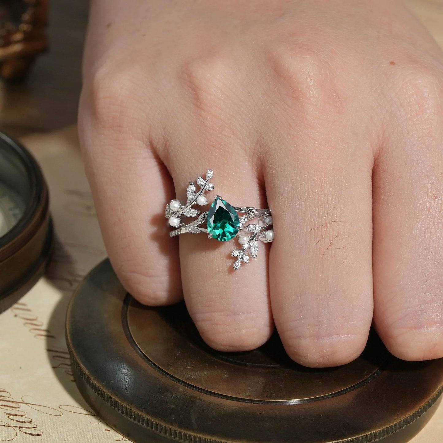 Aphrodite's Enchanted Vine | Emerald & Pearl Leaf Ring Set-Juniper