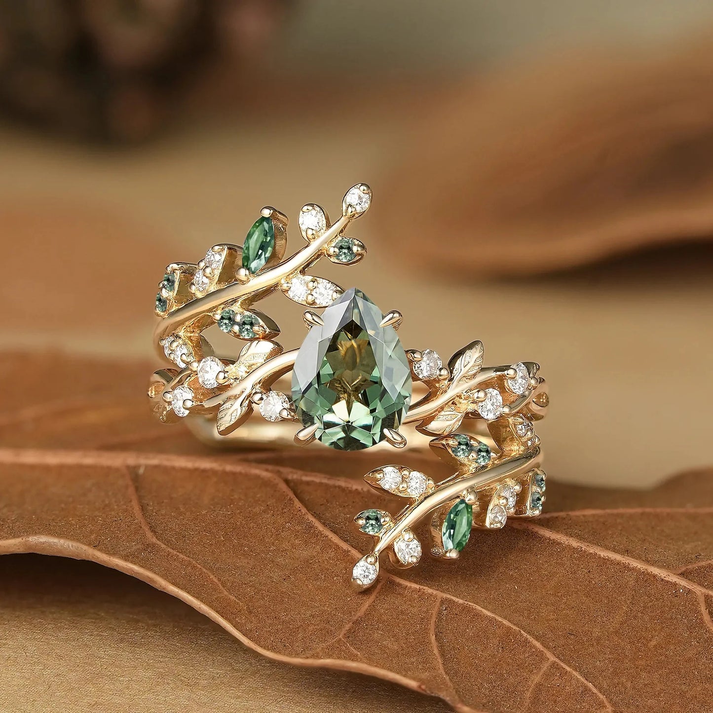 Aphrodite's Enchanted Vine| Green Sapphire Cross Leaf Ehancer Ring Set - Leah