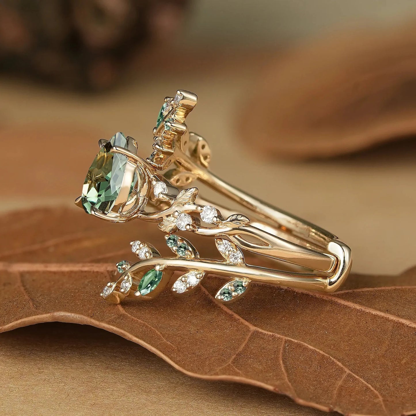 Aphrodite's Enchanted Vine| Green Sapphire Cross Leaf Ehancer Ring Set - Leah