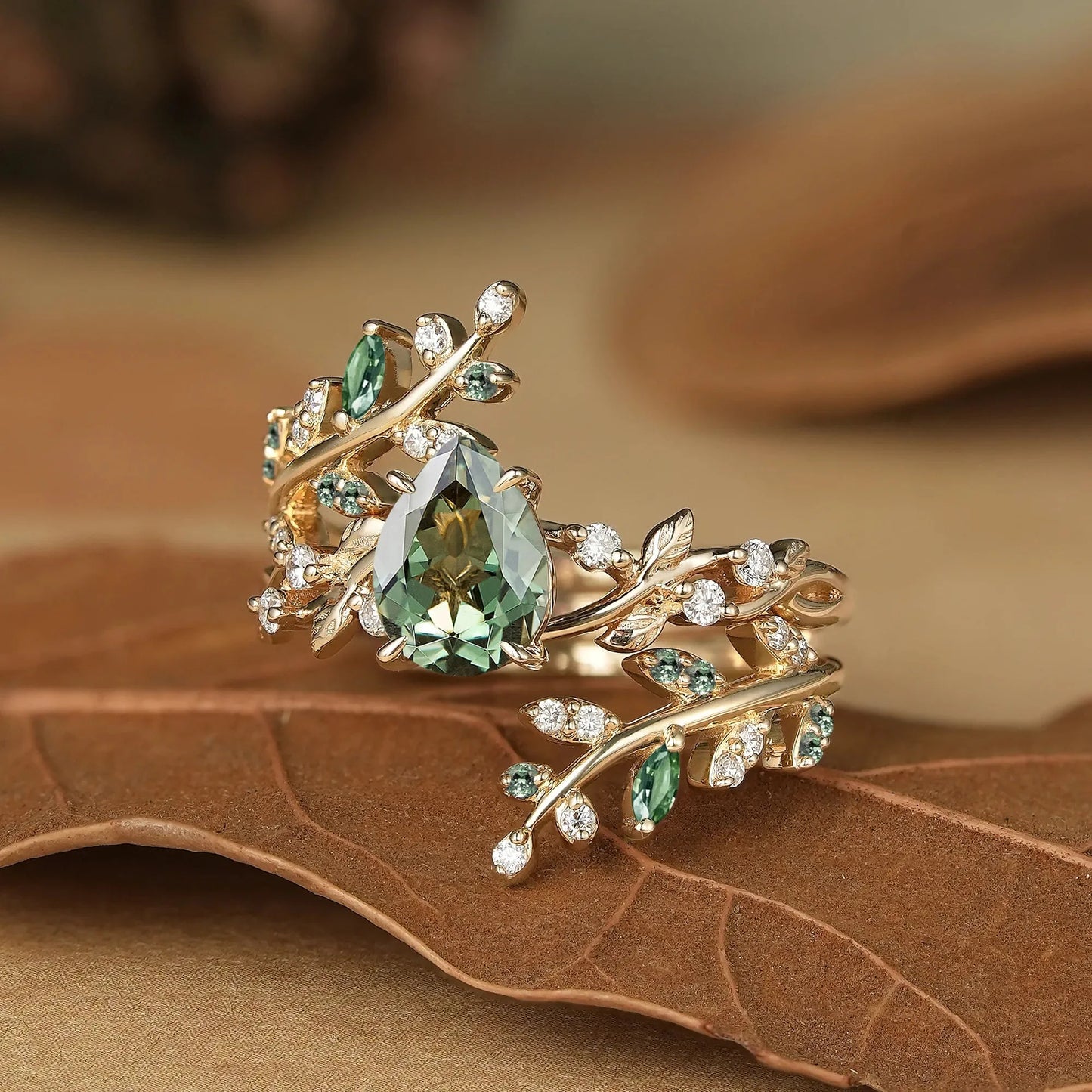 Aphrodite's Enchanted Vine| Green Sapphire Cross Leaf Ehancer Ring Set - Leah