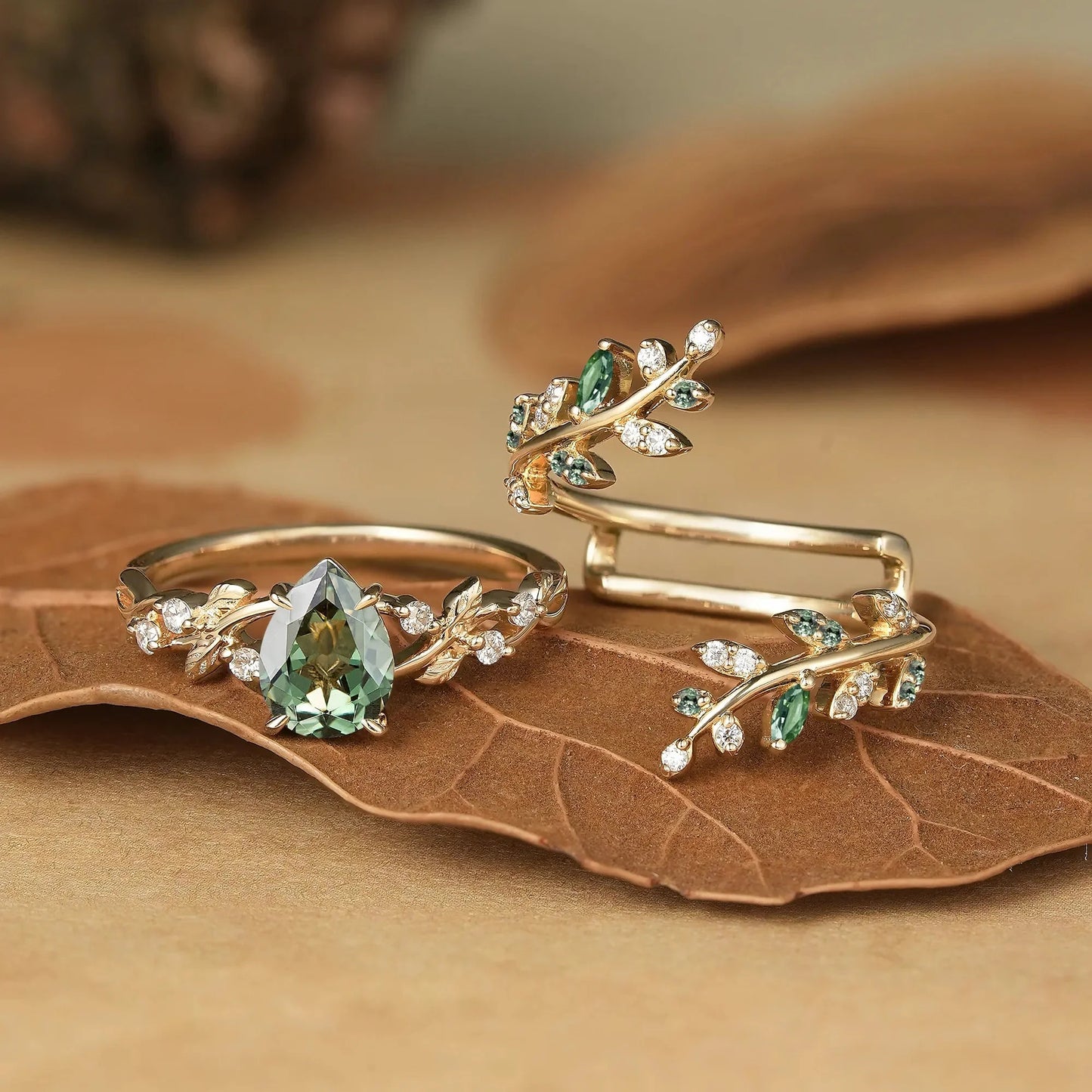 Aphrodite's Enchanted Vine| Green Sapphire Cross Leaf Ehancer Ring Set - Leah