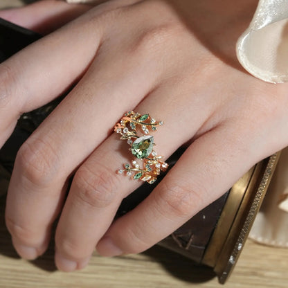 Aphrodite's Enchanted Vine| Green Sapphire Cross Leaf Ehancer Ring Set - Leah