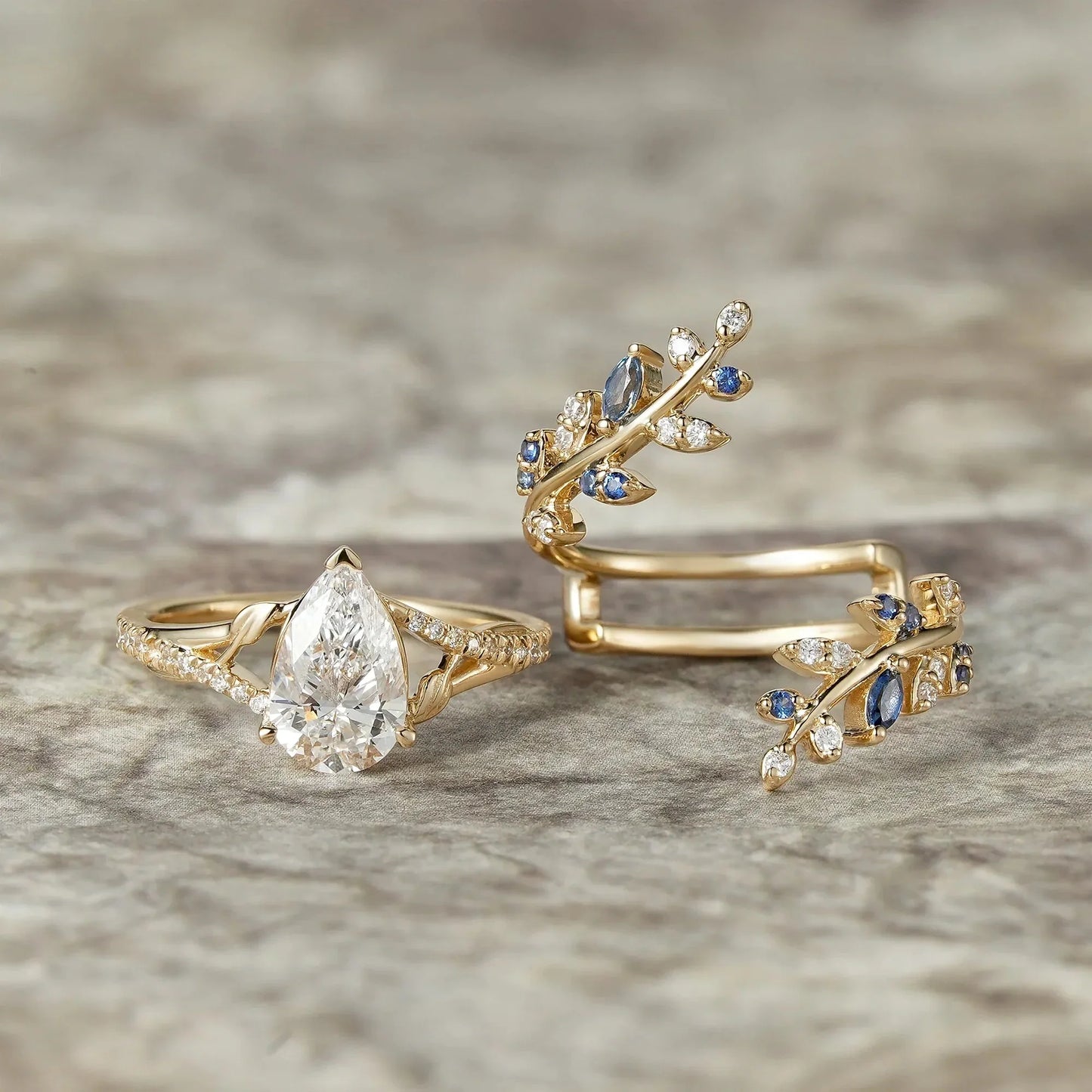 Aphrodite's Enchanted Vine| Lab Grown Diamond and Sapphire Ring Set - Aurora