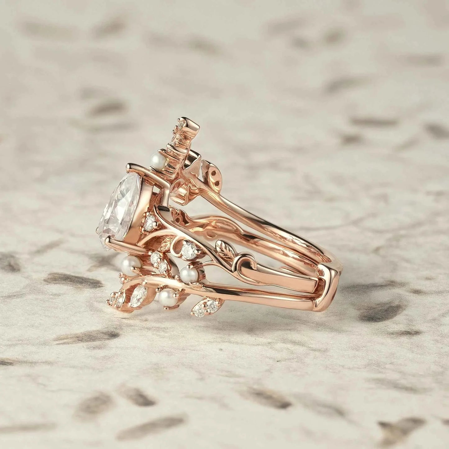 Aphrodite's Enchanted Vine | Moissanite & Pearl Ring Set - Siobhan