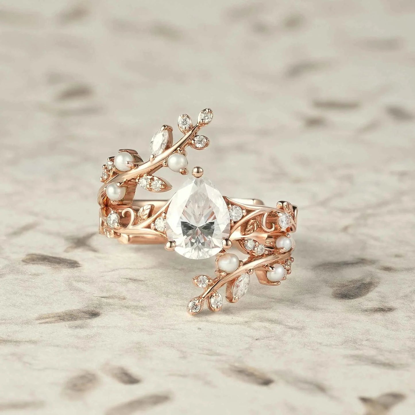 Aphrodite's Enchanted Vine | Moissanite & Pearl Ring Set - Siobhan