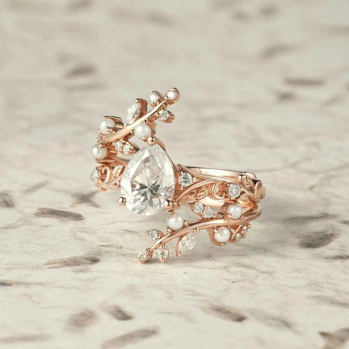 Aphrodite's Enchanted Vine | Moissanite & Pearl Ring Set - Siobhan