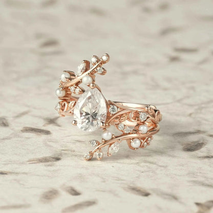 Aphrodite's Enchanted Vine | Moissanite & Pearl Ring Set - Siobhan
