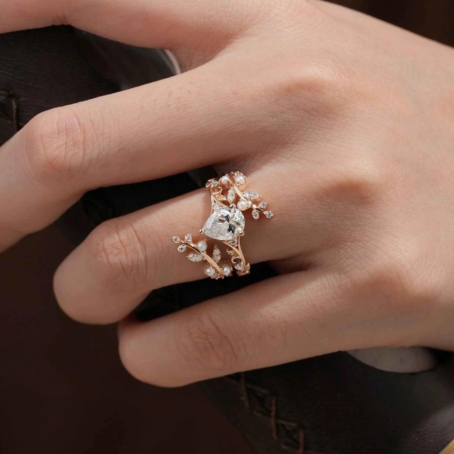 Aphrodite's Enchanted Vine | Moissanite & Pearl Ring Set - Siobhan