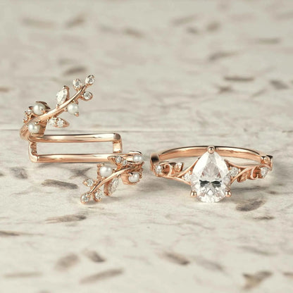 Aphrodite's Enchanted Vine | Moissanite & Pearl Ring Set - Siobhan