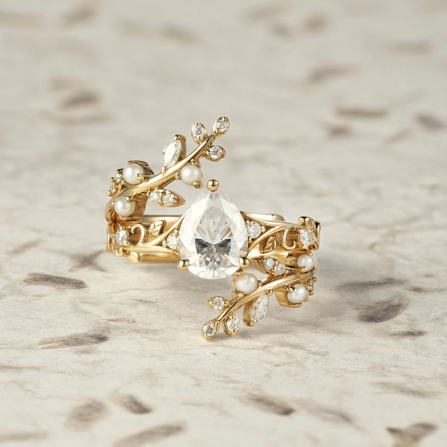 Aphrodite's Enchanted Vine | Moissanite & Pearl Ring Set - Siobhan