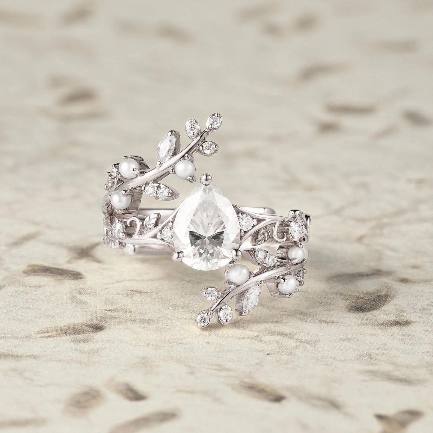 Aphrodite's Enchanted Vine | Moissanite & Pearl Ring Set - Siobhan