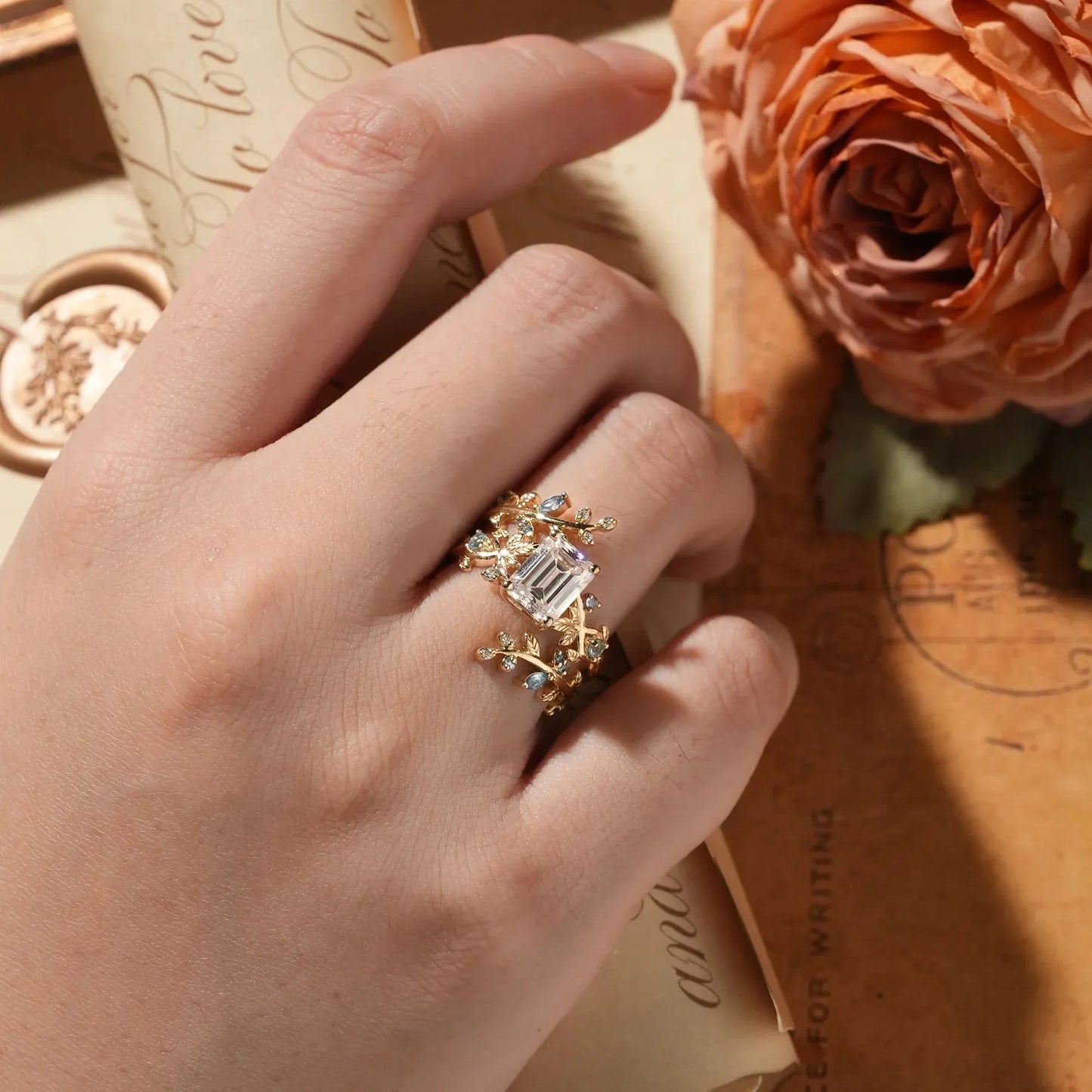 Aphrodite's Enchanted Vine| Moissanite Ring Set with Topaz-Novalie