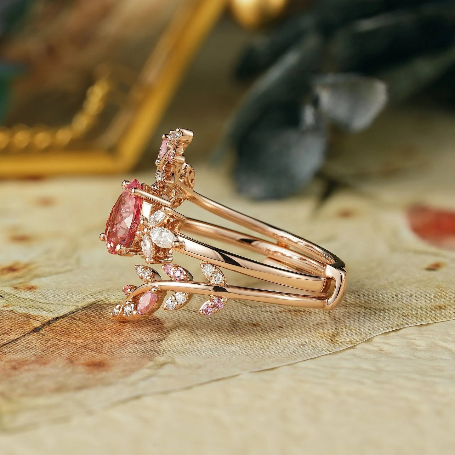Aphrodite's Enchanted Vine| Padparadscha Enhancer Ring Set-Elizabeth