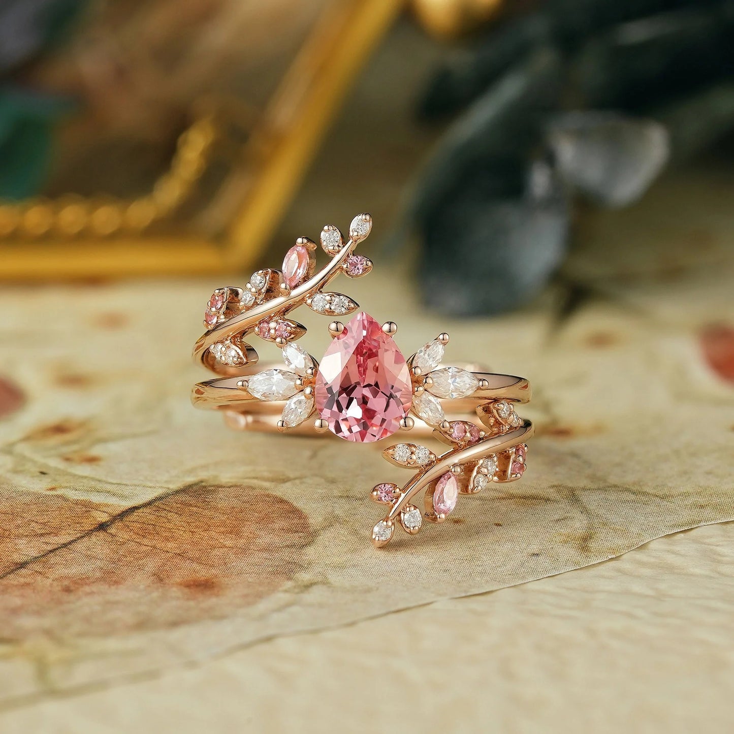 Aphrodite's Enchanted Vine| Padparadscha Enhancer Ring Set-Elizabeth