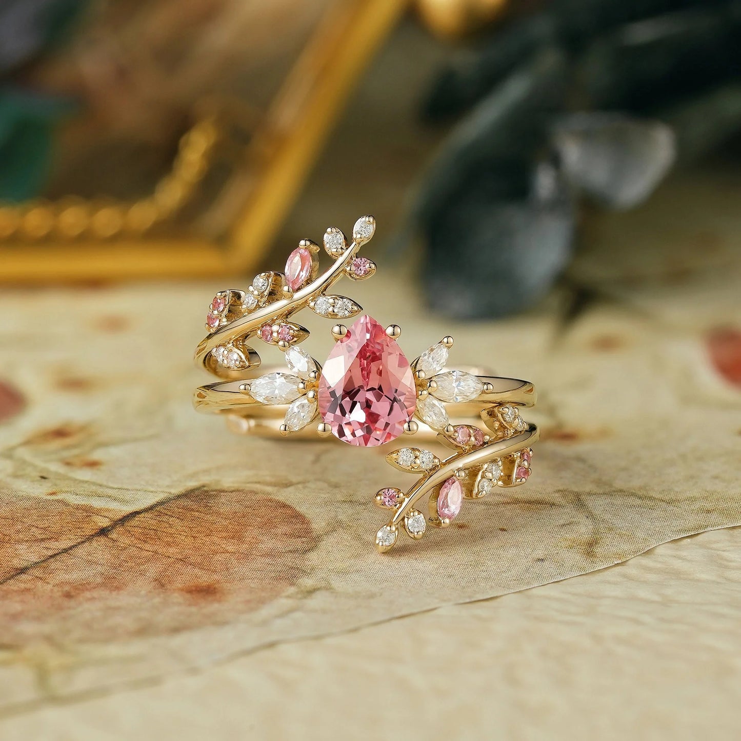 Aphrodite's Enchanted Vine| Padparadscha Enhancer Ring Set-Elizabeth