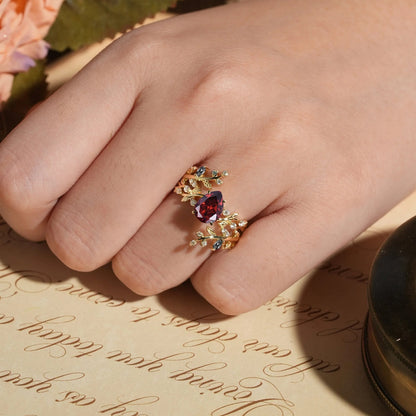 Aphrodite's Enchanted Vine | Pear Garnet Cross Nature Inspired Enhancer Ring Bridal Set - GemsMagic