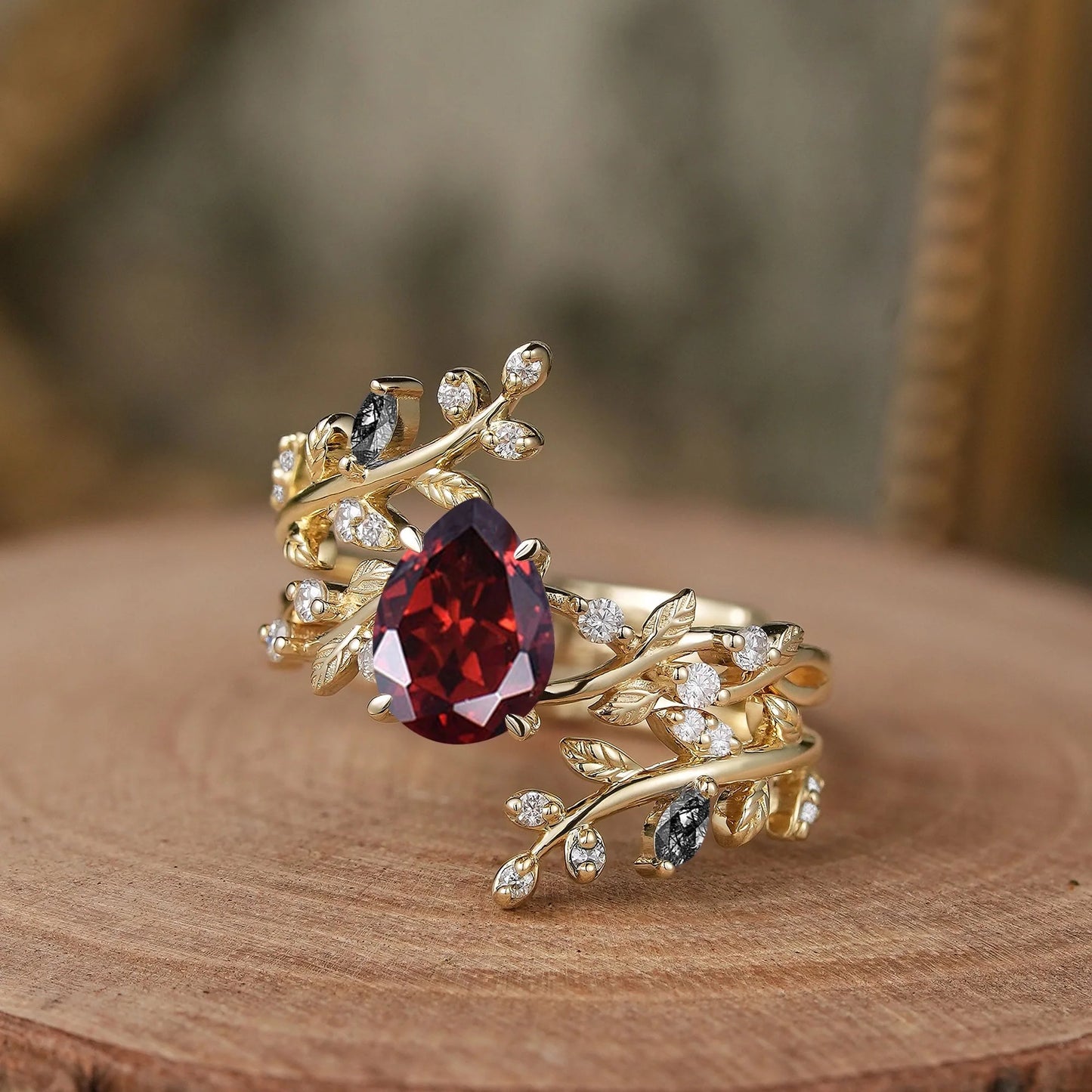 Aphrodite's Enchanted Vine | Pear Garnet Cross Nature Inspired Enhancer Ring Bridal Set - GemsMagic