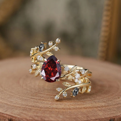Aphrodite's Enchanted Vine | Pear Garnet Cross Nature Inspired Enhancer Ring Bridal Set - GemsMagic